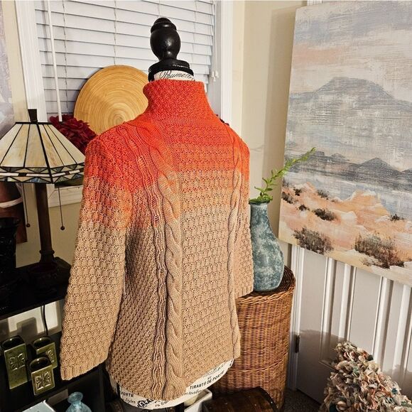 New Rachel Rachel Roy Orange/ Tan Ombra Thick Cable Knit Zipper Front Sweater. - Picture 6 of 15